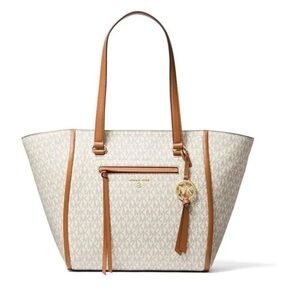 Michael Kors Carine Logo Tote Vanilla Acorn Brown Signature Bag